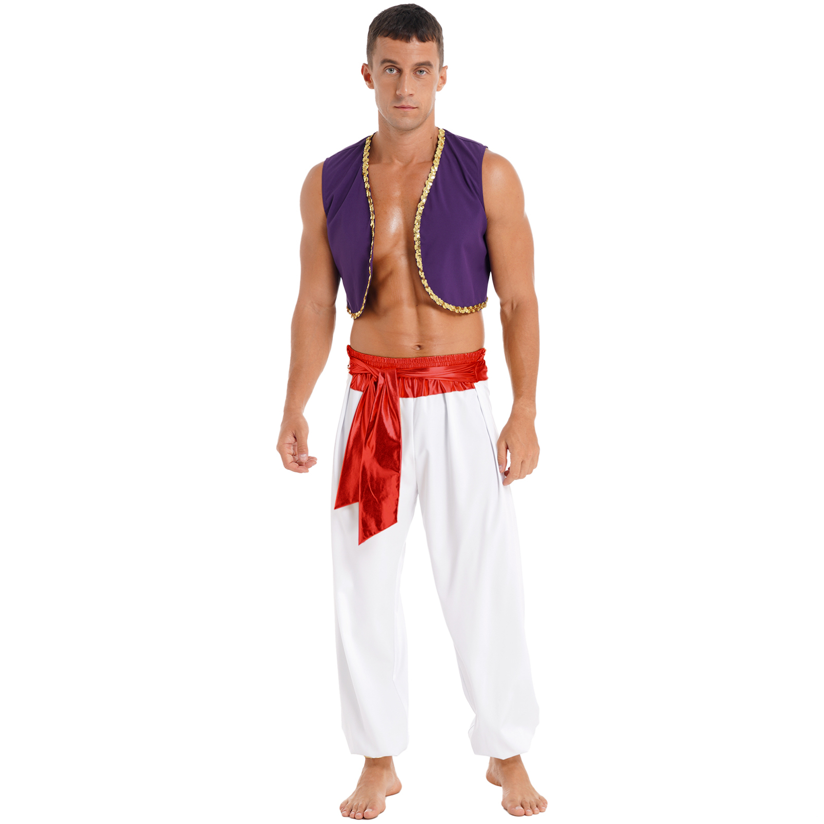iixpin Adult Men Arabian Prince Costume Halloween Dress-up Street Rat Waistcaot Top with Harem Pants Red XXL